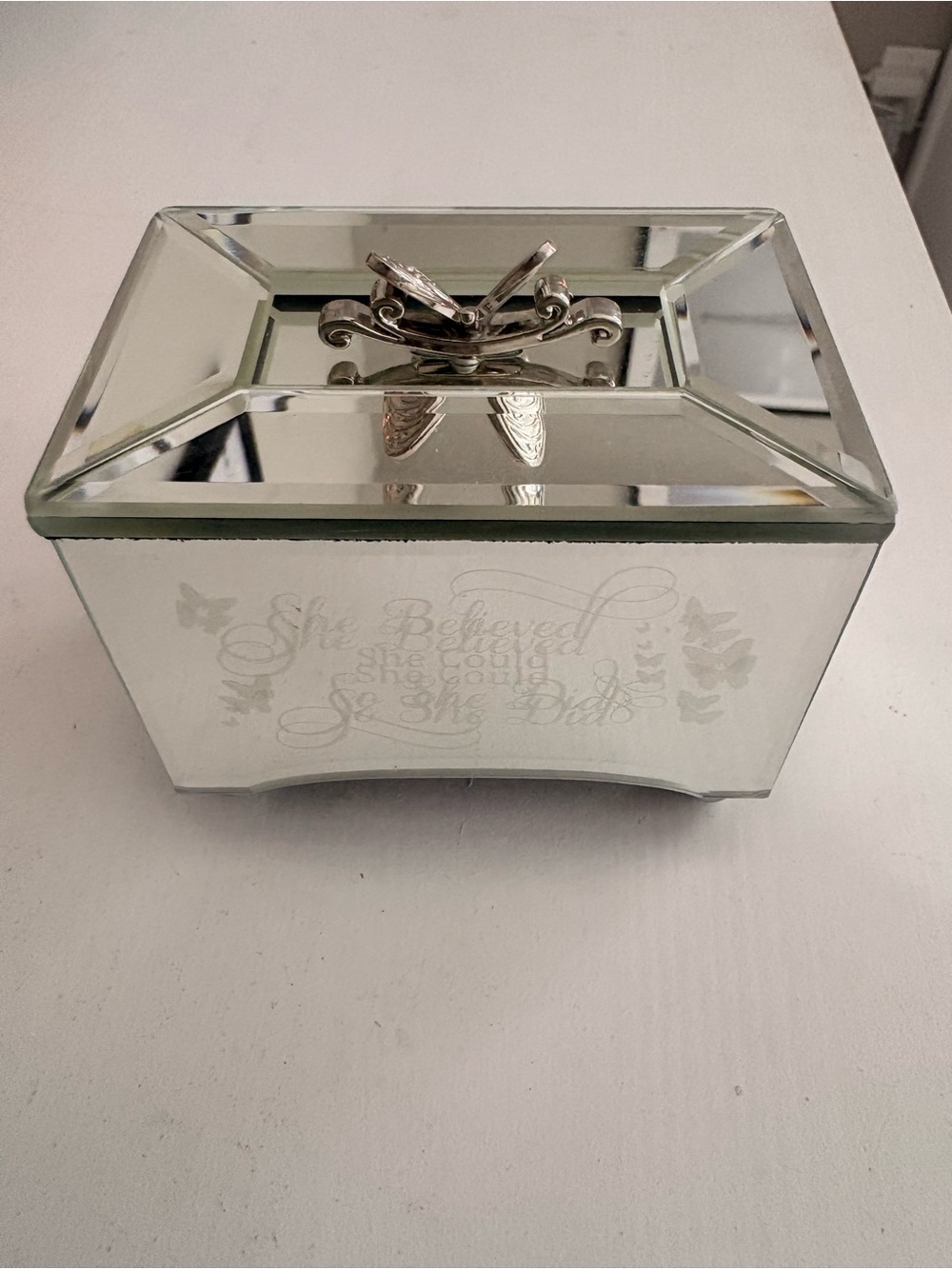 Mirrored Jewelry Trinket Box with Butterfly Accent - Silver